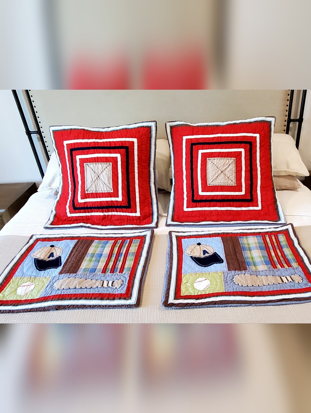 Pottery Barn Kids Varsity Baseball Patchwork Quilted Sham Set Of 4, EUC